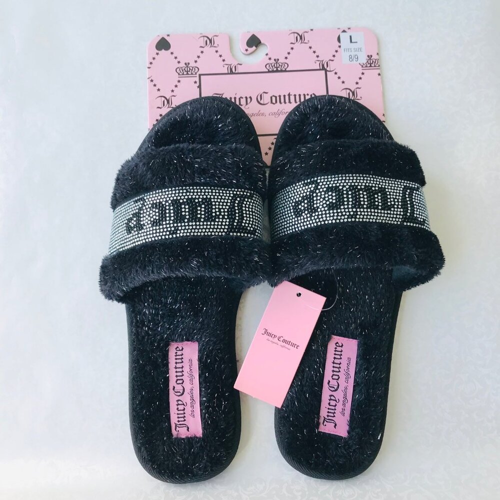 Juicy Couture JC GRAVITY 2  Faux Fur Slippers Black / Silver  Size : L